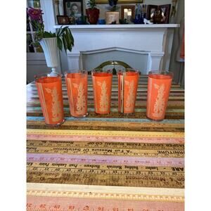Thai Goddess High Ball Glass Mid Century Modern Retro Bar Set of 5 Asian MCM Red